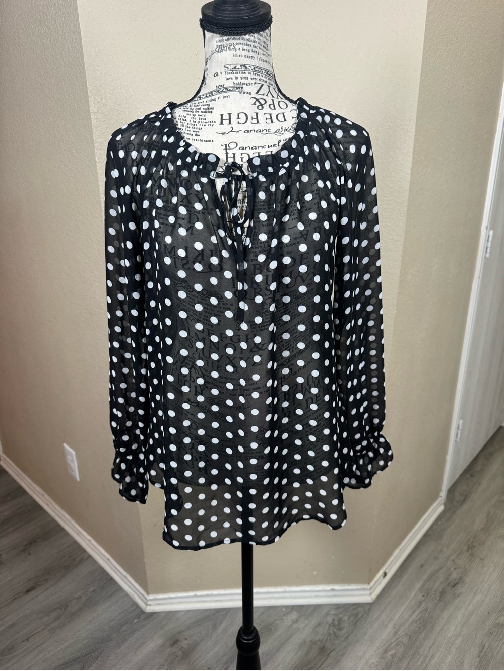 LOFT Black and White Polka Dot Tie-Neck Blouse